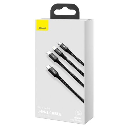 Baseus Rapid Series USB-C 3 az 1-ben kábel, mikro USB / Lightning / USB-C, 20 W, 1,5 m (fekete) (CAMLT-SC01)
