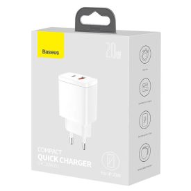 Baseus kompakt gyorstöltő, USB, USB-C, 20 W (fehér)