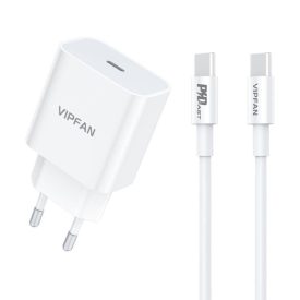   Vipfan E04 fali töltő, USB-C, 20W, QC 3.0 + USB-C kábel (fehér)